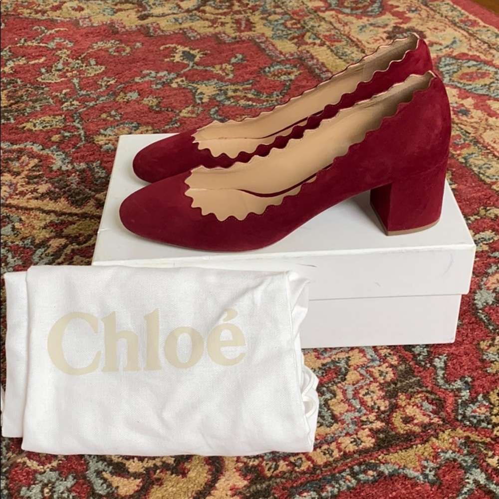 Chloe Scalloped Suede Heels